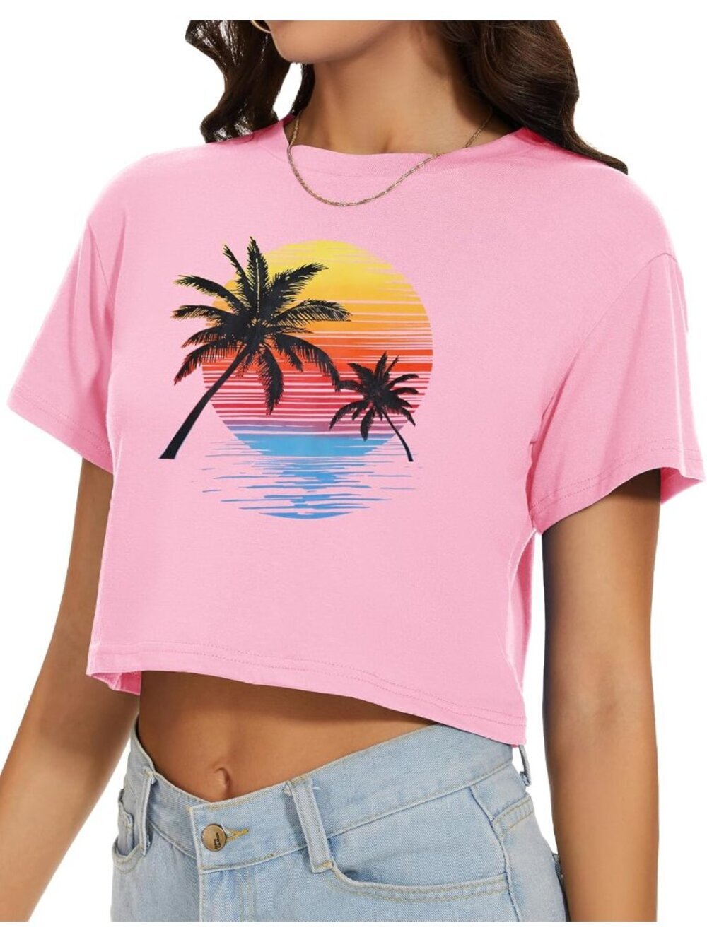 〽️Women Sunset Coconut Short Sleeve Round Neck Loose Fit Casual Summer Crop Tops